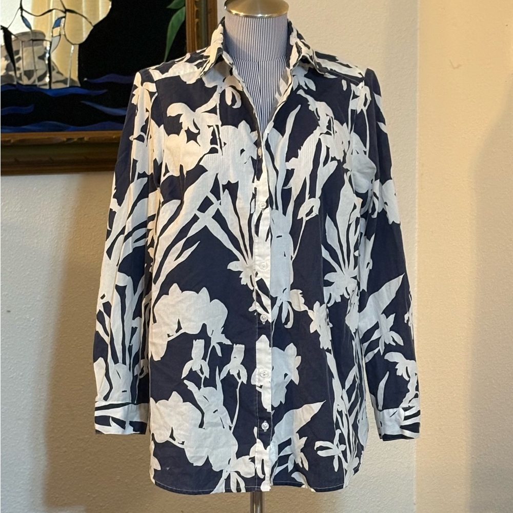Roaman's Navy and Cream Floral Blouse